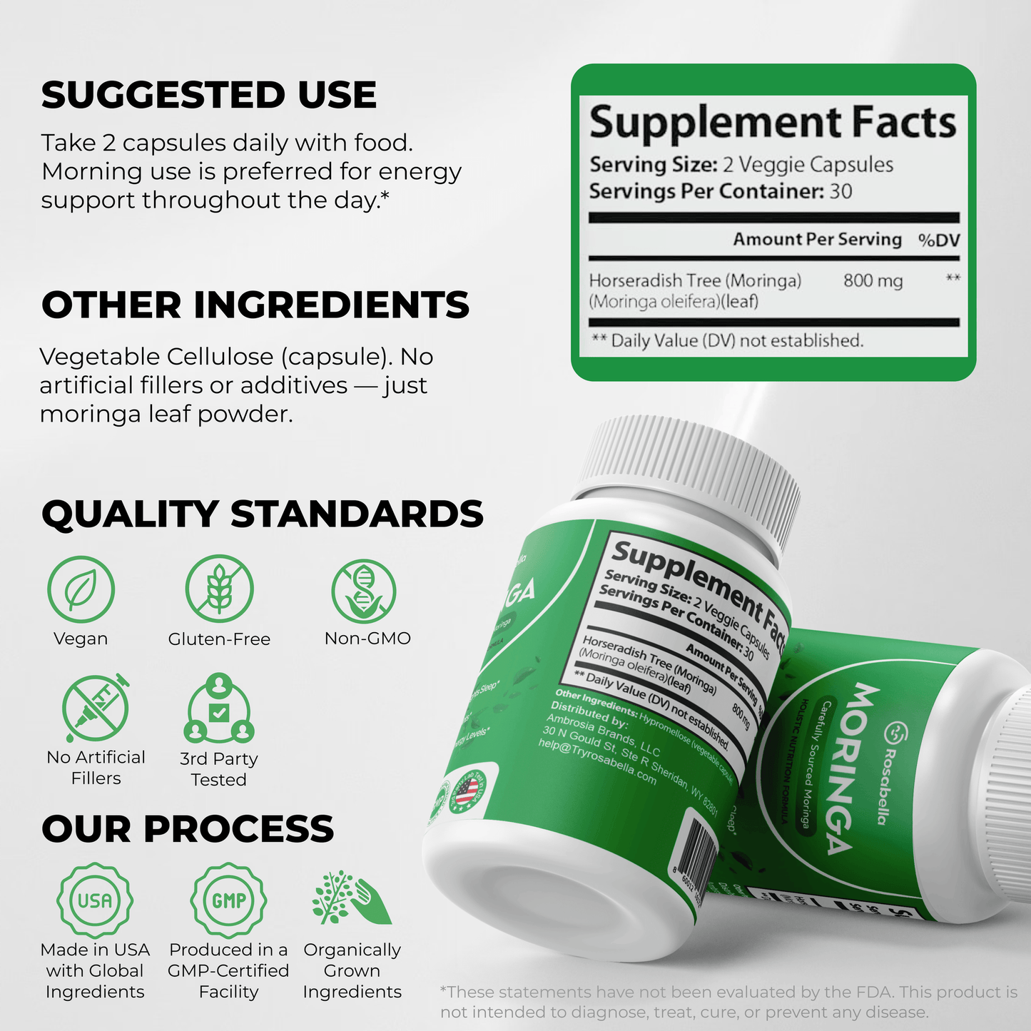 Rosabella Moringa Capsules - Pure Moringa Powder, Energy, Skin, Immune & Gut Health Superfood, Rich in Antioxidants, Essential Vitamins & Amino Acids, Natural Green Superfood Supplement - 60 Count