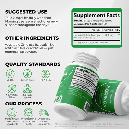 Rosabella Moringa Capsules - Pure Moringa Powder, Energy, Skin, Immune & Gut Health Superfood, Rich in Antioxidants, Essential Vitamins & Amino Acids, Natural Green Superfood Supplement - 60 Count