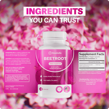 Rosabella Organic Beet Root Capsules - 1300mg Beet Root Powder Aids Healthy Circulation & Vitality, Non-GMO, Beet Root Supplement - 60 Capsules, 30-Day Supply